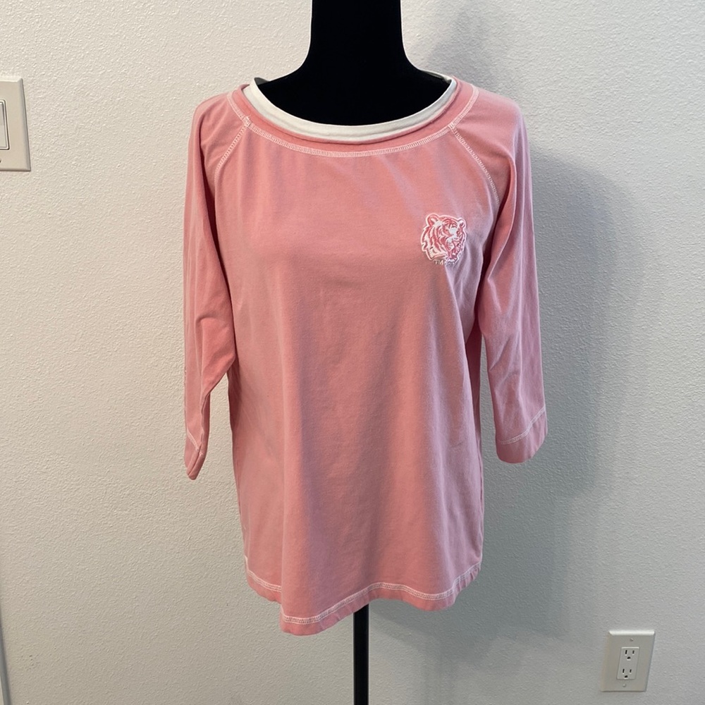 Pink Logo Athletic 3/4 Sleeve LSU Tigers Tee Size XL (bleach spots)